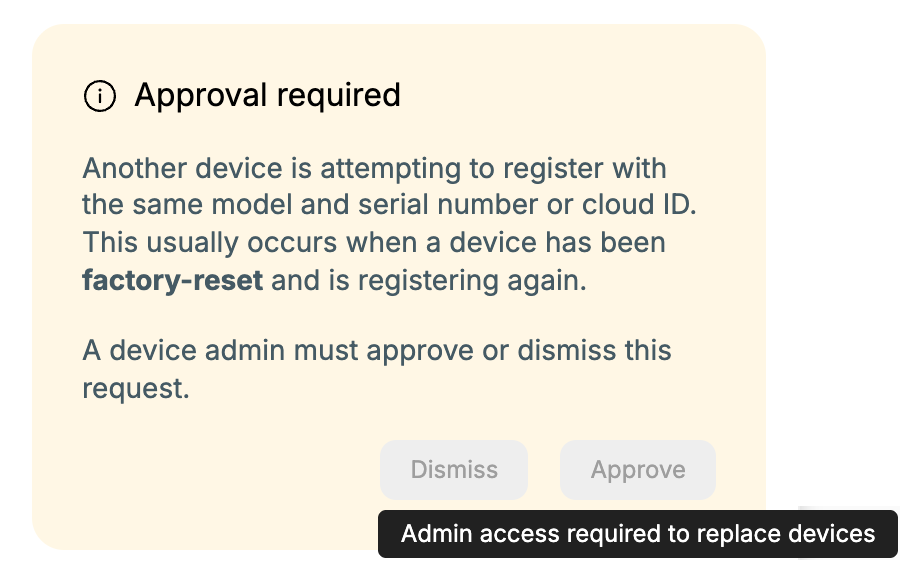 Approval required message with Approve and Dismiss disabled and the admin-only tooltip