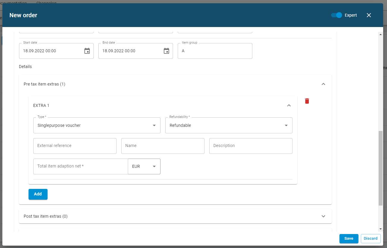 When creating the order, add "Pre tax item extras" such as "single-purpose vouchers" or "discounts" to the purchase items of your order.