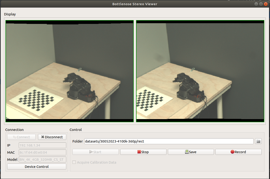 StereoViewer showing a pair of undistorted and rectified images from Bottlenose: Resolution set to 480x360.