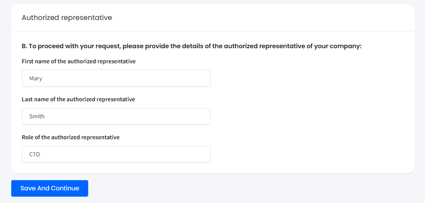 Screenshot with company’s authorized representative details