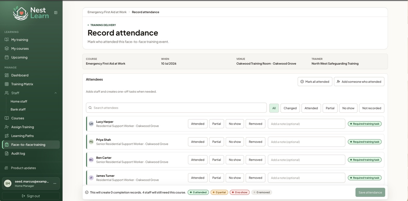 The Record attendance screen, with attendance options against each person