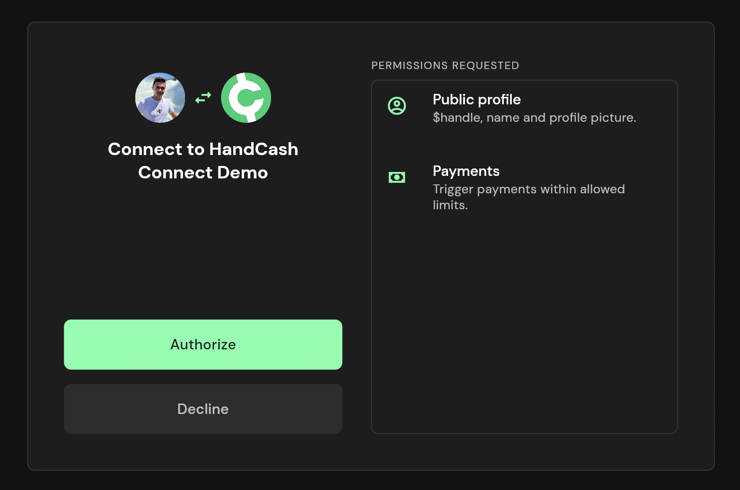 App authorization preview in the HandCash App