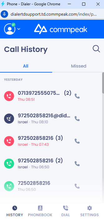 Screenshot of the Call History screen