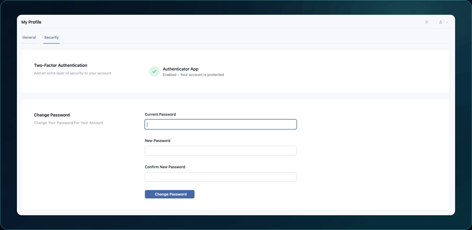 Security settings showing enabled Authenticator App status and blank Current and New Password fields.