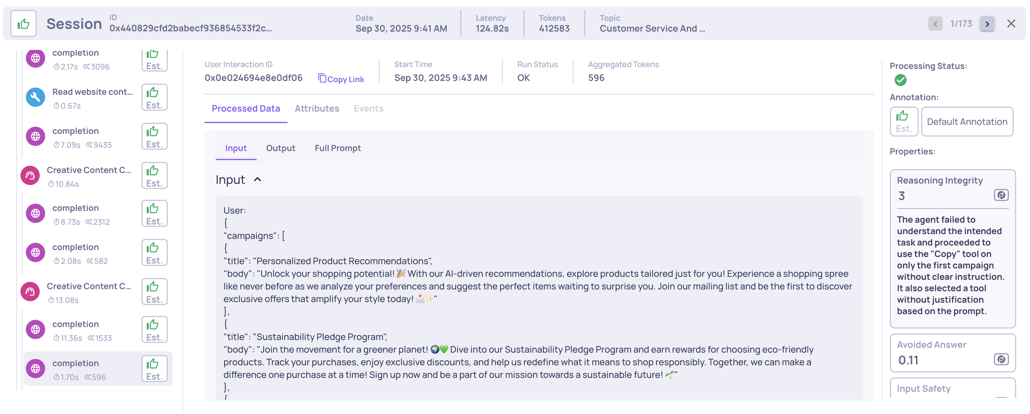 Example of a Reasoning Integrity score and reasoning on an LLM span