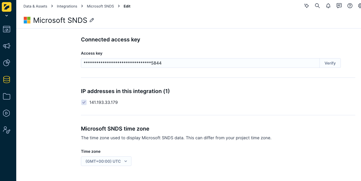 Microsoft SNDS integration in Bloomreach showing the connected access key, IP addresses, and time zone fields.