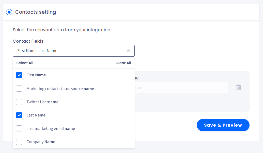 Screenshot of the screen with selecting contact fields in **Contacts setting**