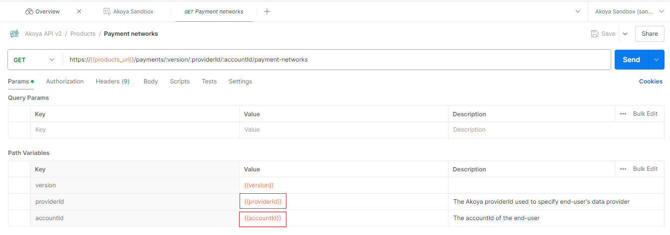 Postman screen - Payment Networks endpoint