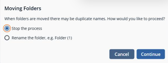 Moving Folders dialog box with options to stop or rename duplicate folders, plus Cancel and Continue buttons.