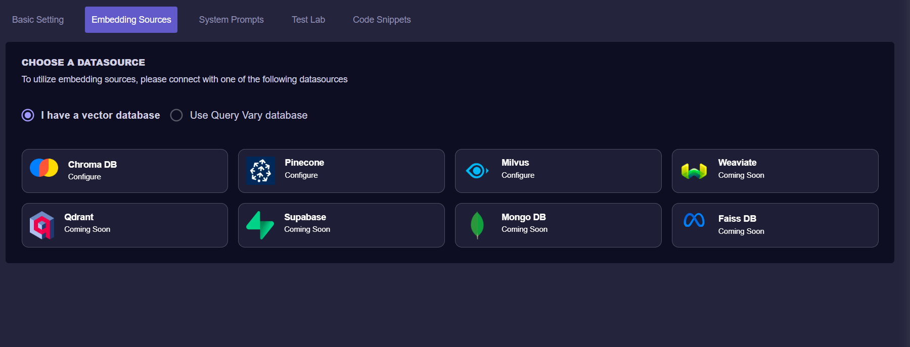 Query Vary - Vector Database sources screen