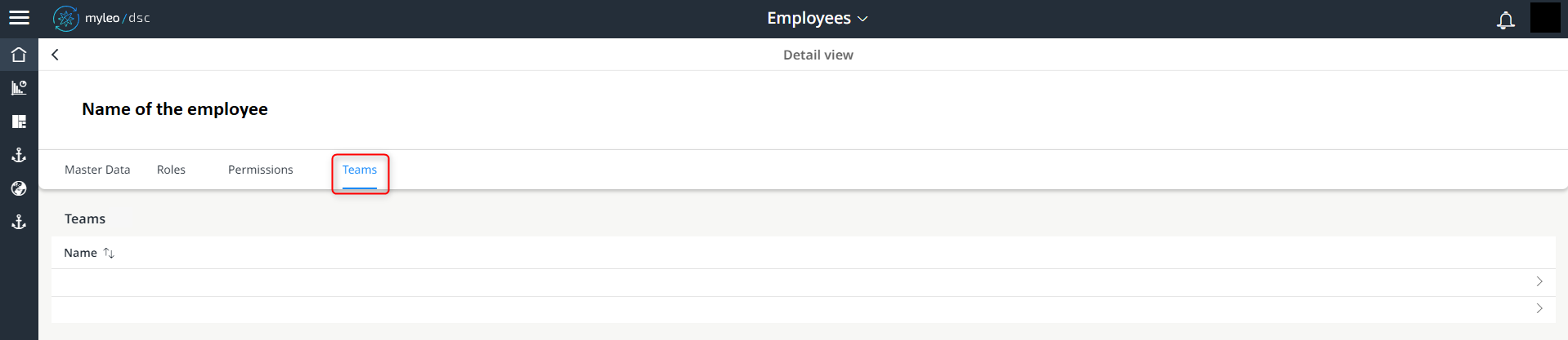 Displayed teams to which the employee belong