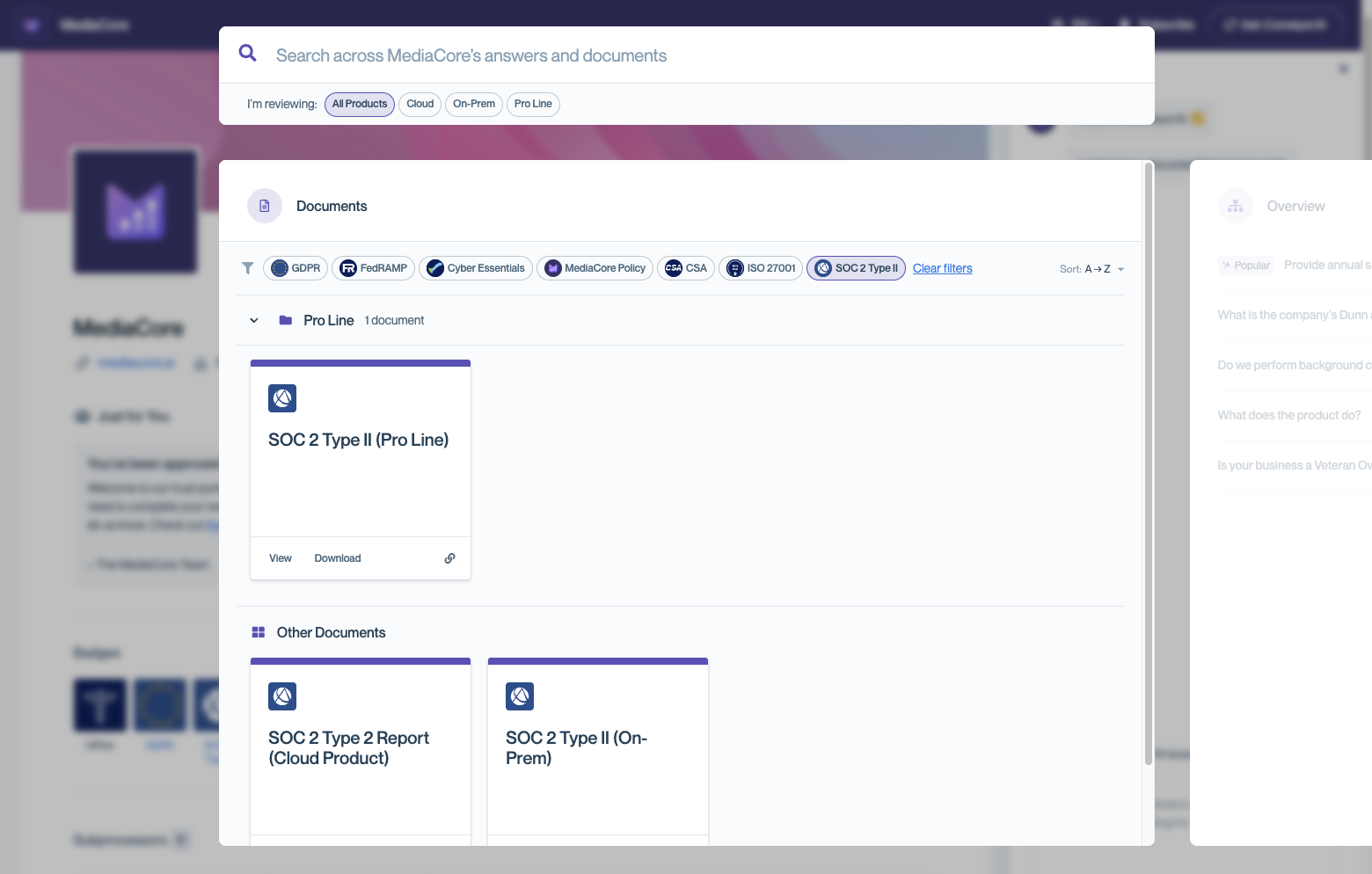 Trust Center Documents view filtered by the “SOC 2 Type II” badge chip, showing document cards such as “SOC 2 Type II (Pro Line),” “SOC 2 Type 2 Report (Cloud Product),” and “SOC 2 Type II (On-Prem).”