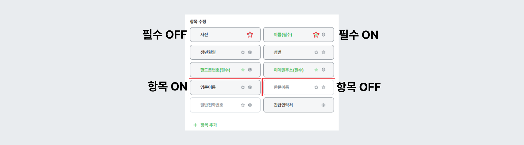 항목 ON/OFF , 필수값 ON/OFF 여부