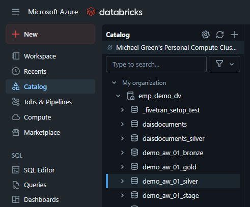 Navigating to the Databricks' Unity Catalog browser.