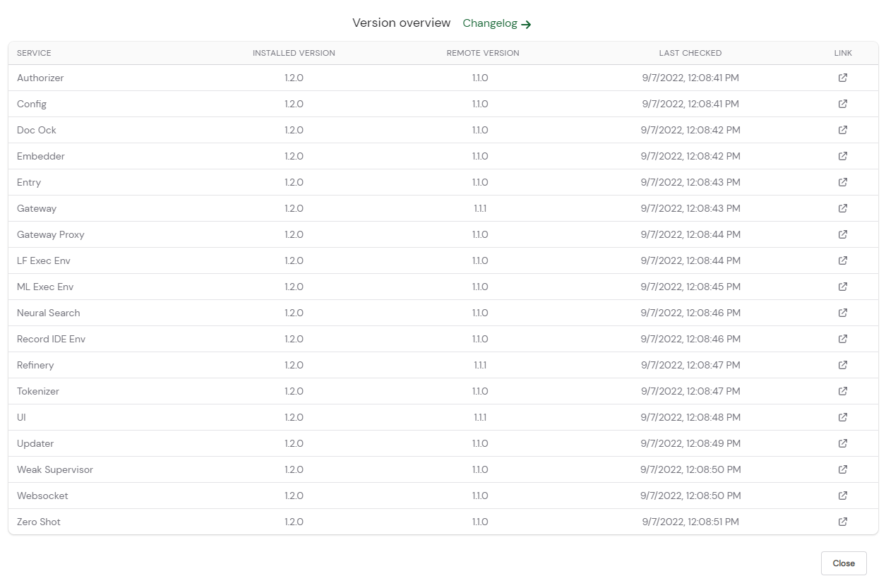 Screenshot of the new version overview. Note: as this is a screenshot from development, the installed version numbers are higher than the ones that are available on GitHub. Normal users should see a screen where the "installed version" matches the "remote version".