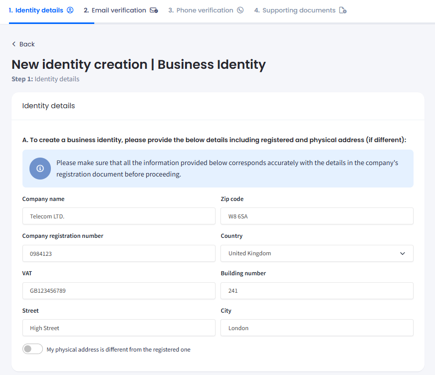 Screenshot with Identity Details section