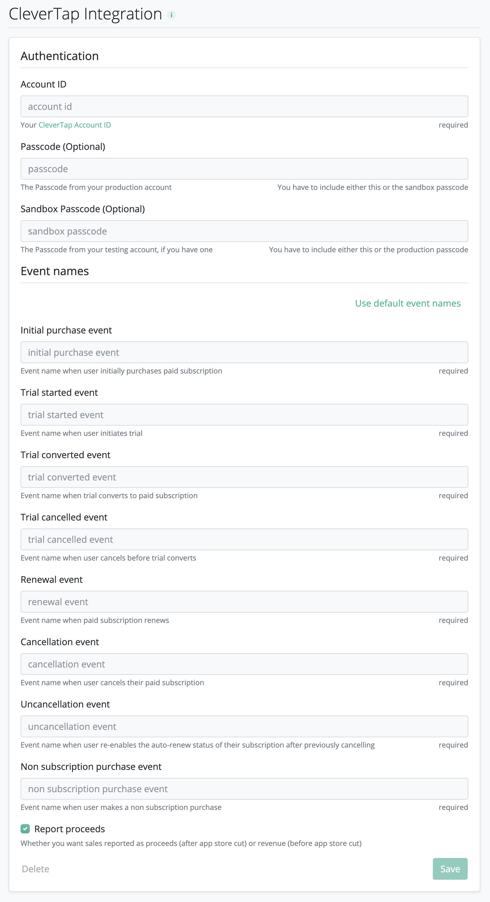 2020-10-23 14.21.10 app-sandbox.revenuecat.com 14ffcac2728c.png CleverTap configuration page