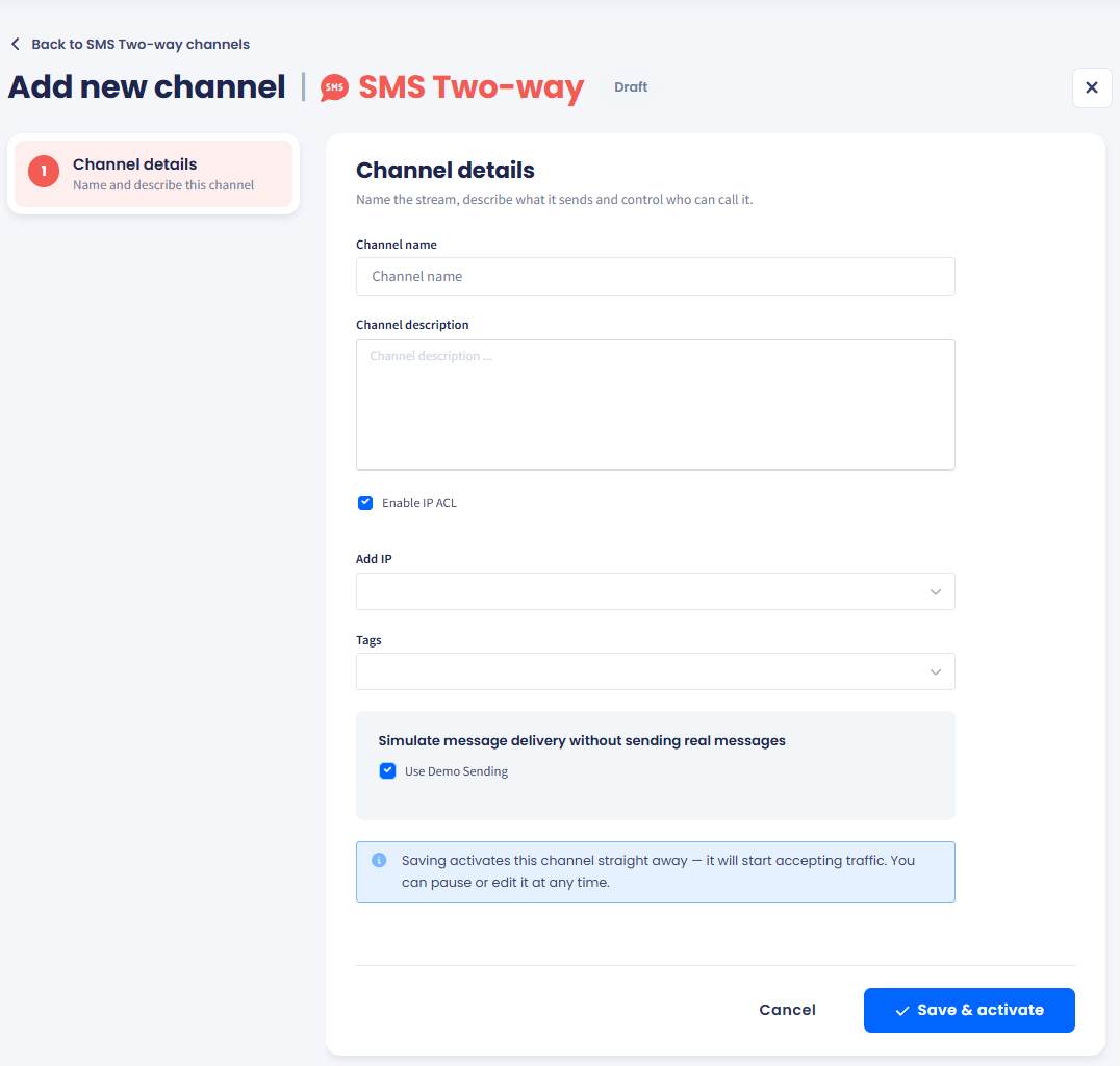 Add new channel form for SMS Two-way, with channel name and description filled in
