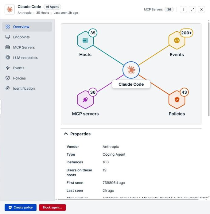 The agent details panel on the Overview tab, with the agent at the center of the summary diagram and the Properties section below