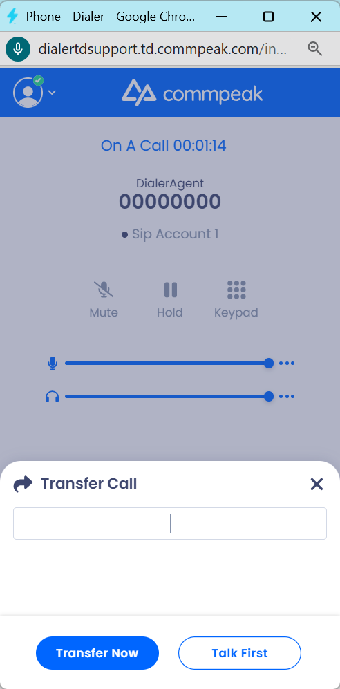 Screenshot of the transfer call options