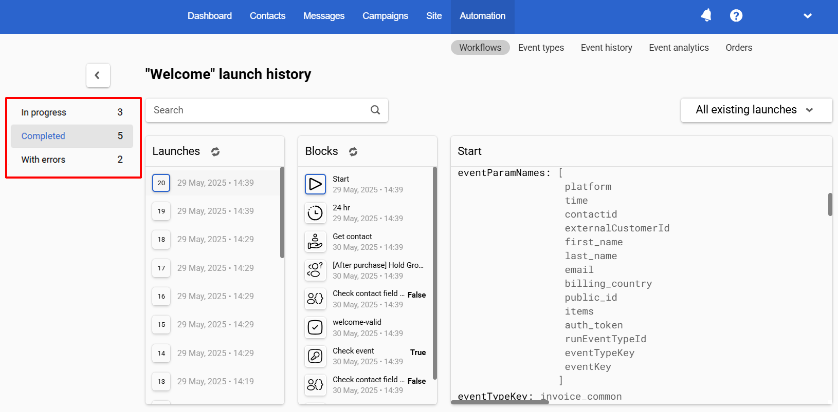 Panel with the status categories