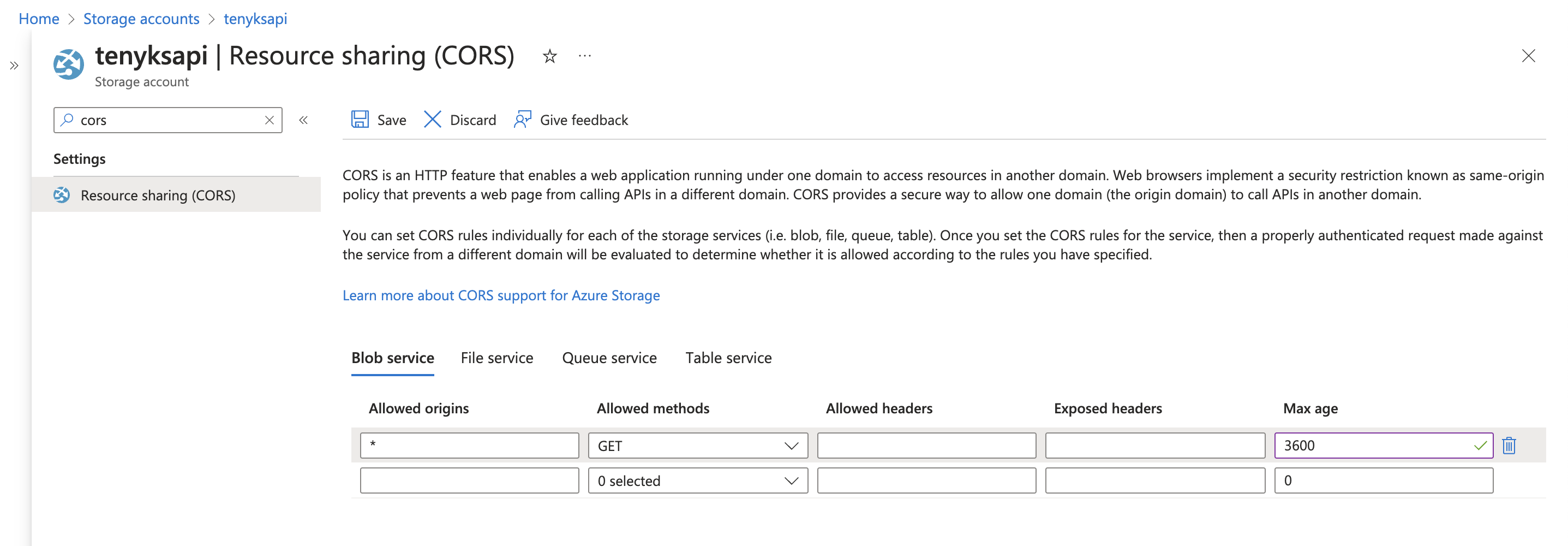 Figure 4. CORS setting for your Azure Storage Account