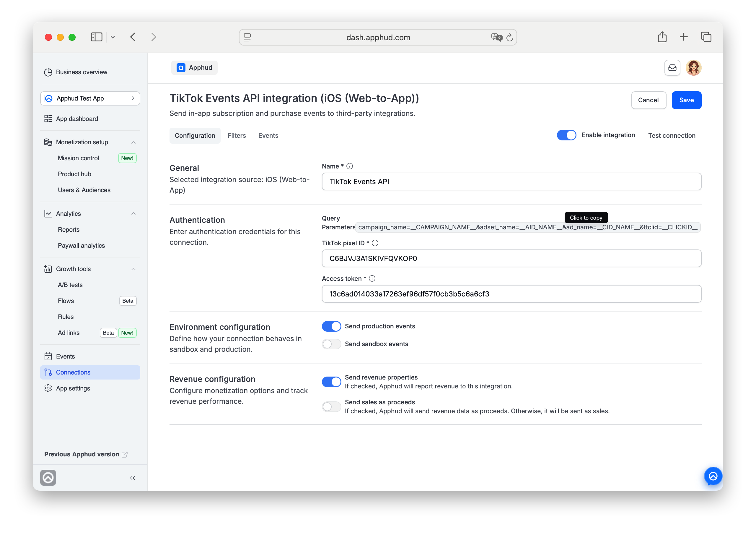 Apphud - URL parameters for TikTok campaign