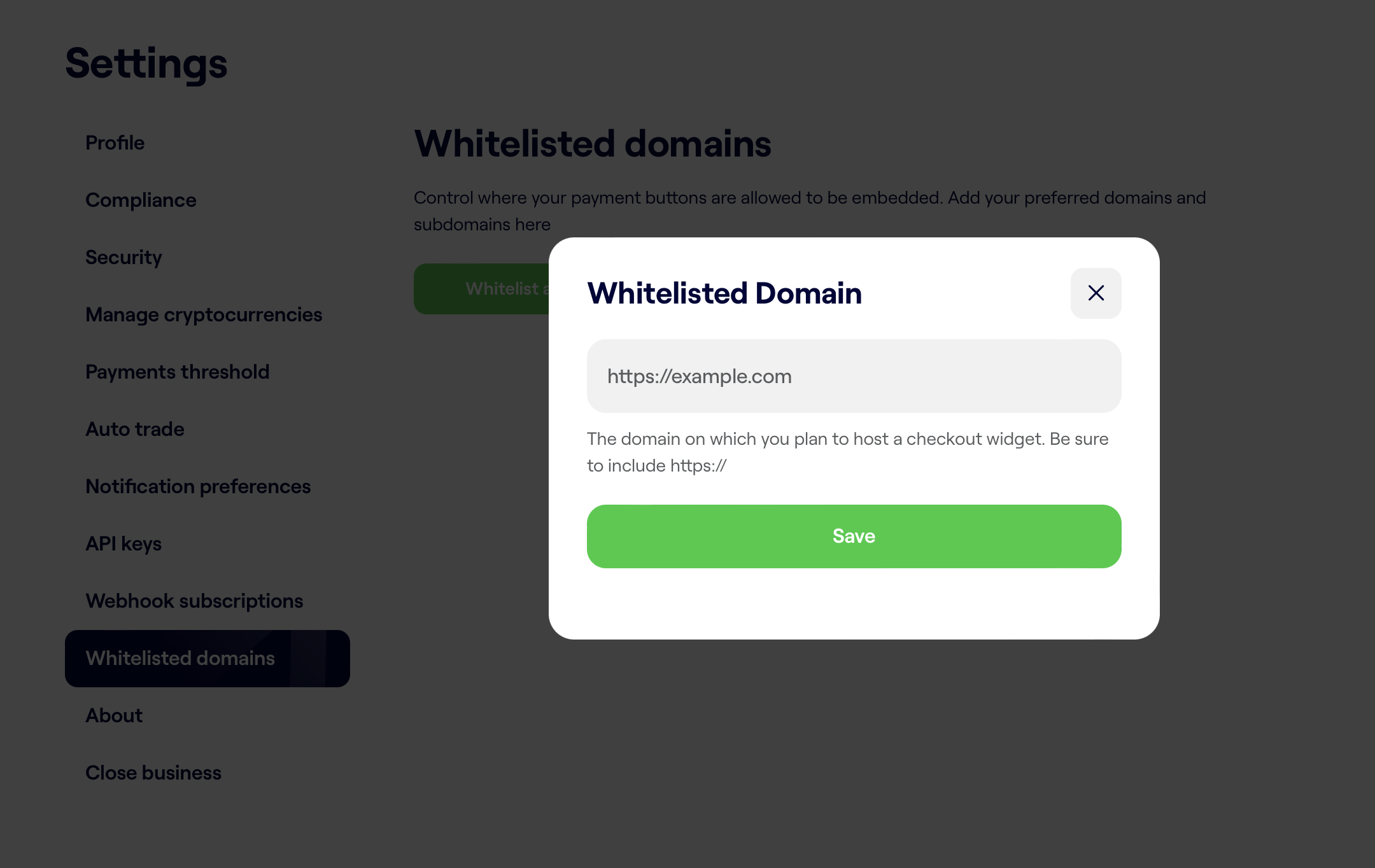 A whitelisted domain containing the base URL of the webhook endpoint must be configured before a web hook endpoint can be added. 