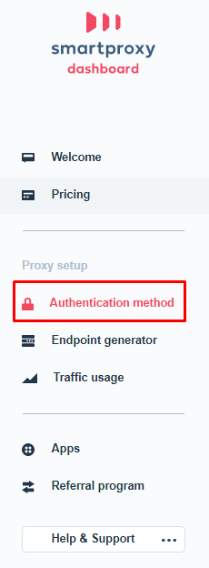 Smartproxy dashboard - Authentication method