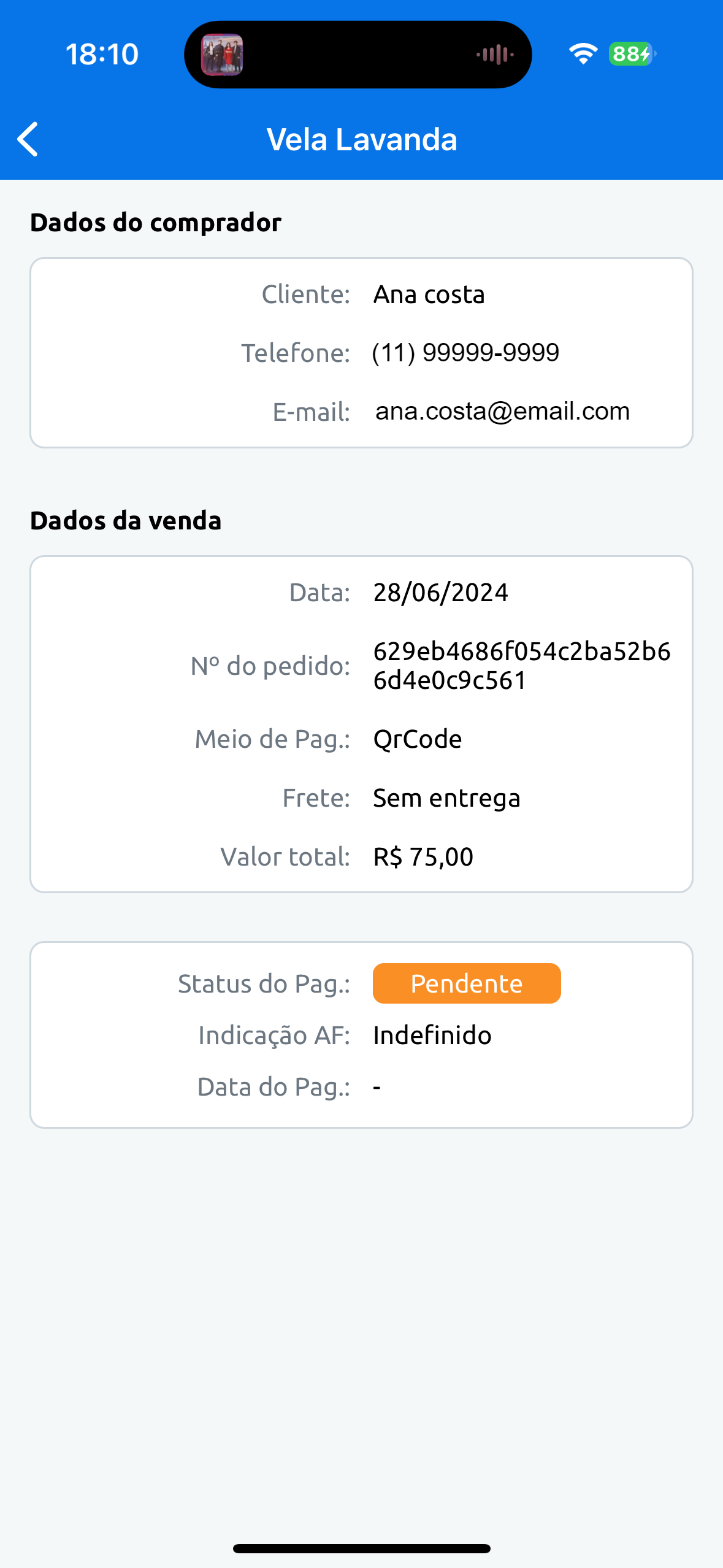 Tela com os detalhes do pedido no App Cielo Gestão.