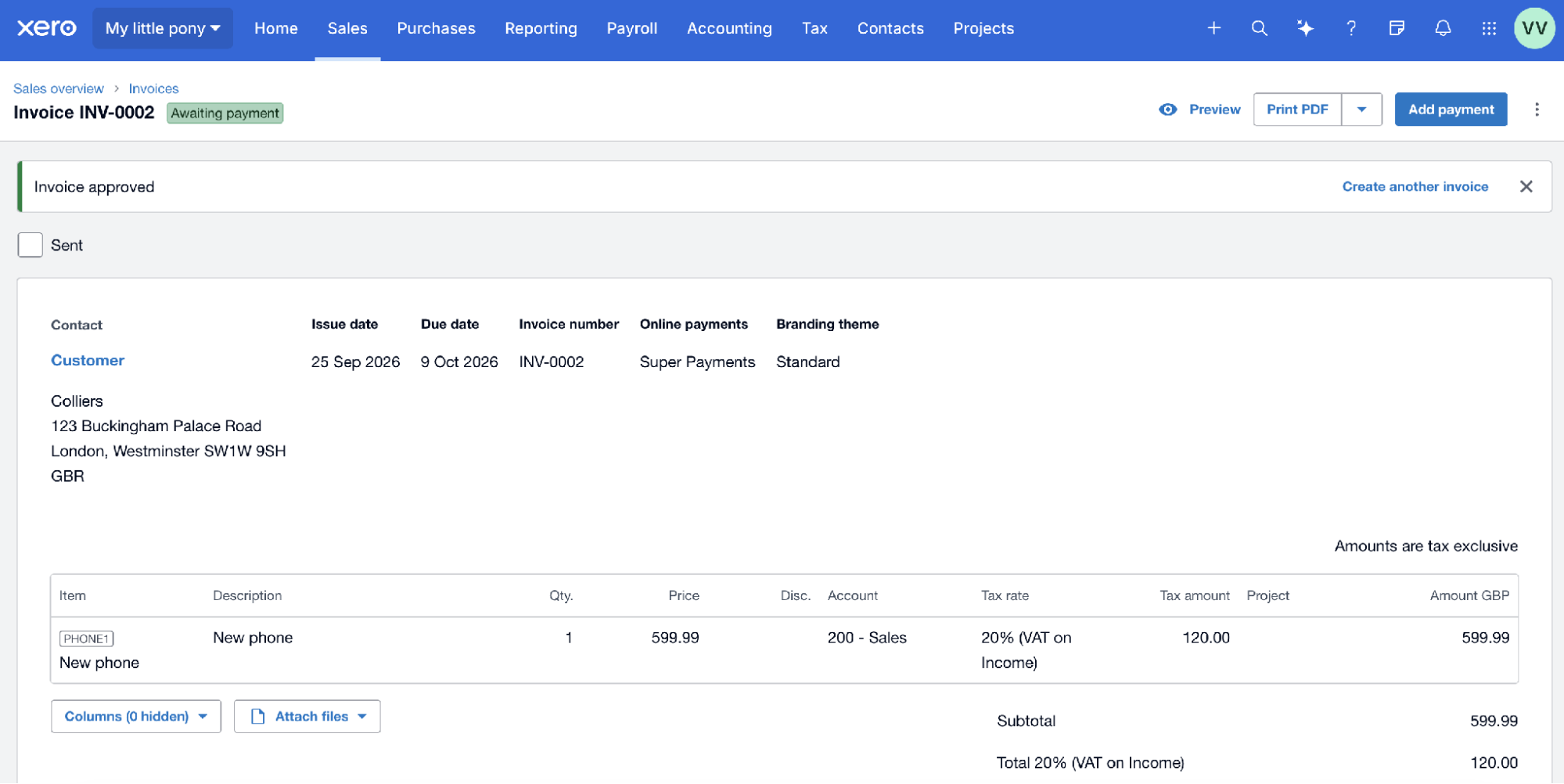 An approved invoice with Super Payments as the payment method