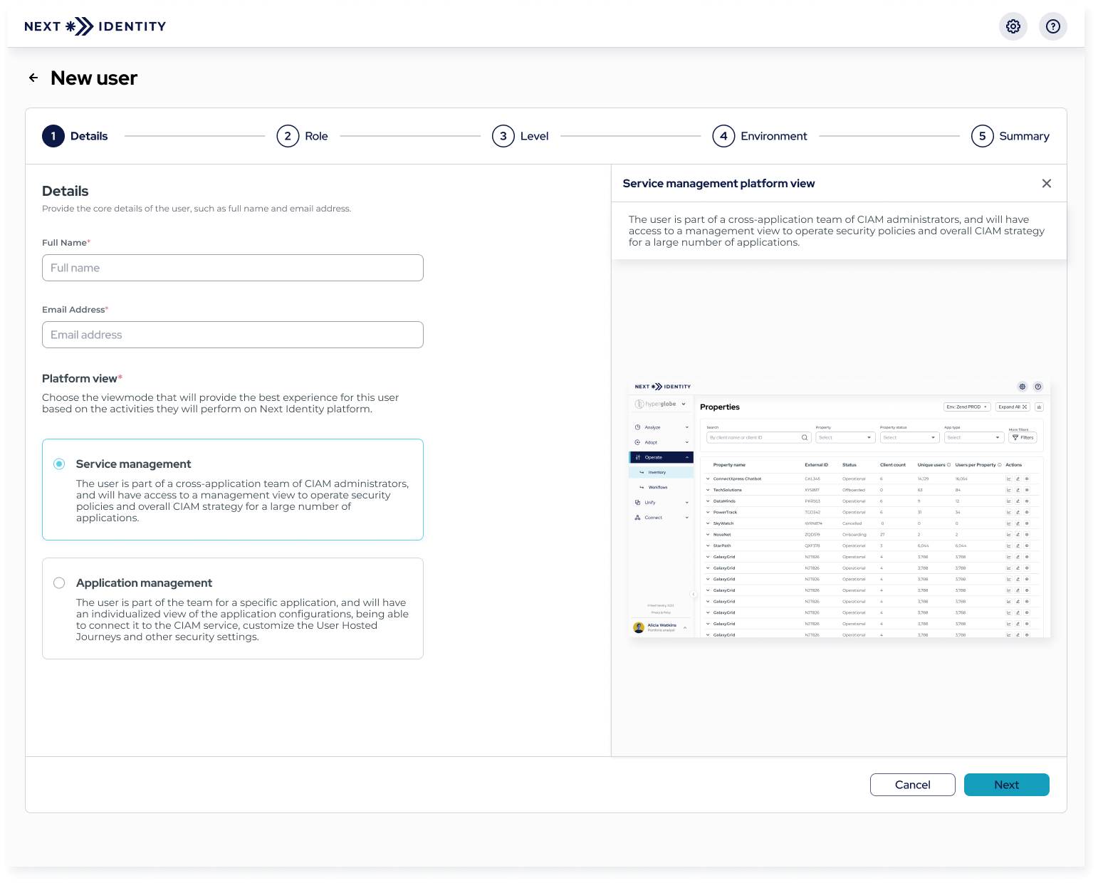 Step 1: Enter user details and select the platform view, in this case: service management