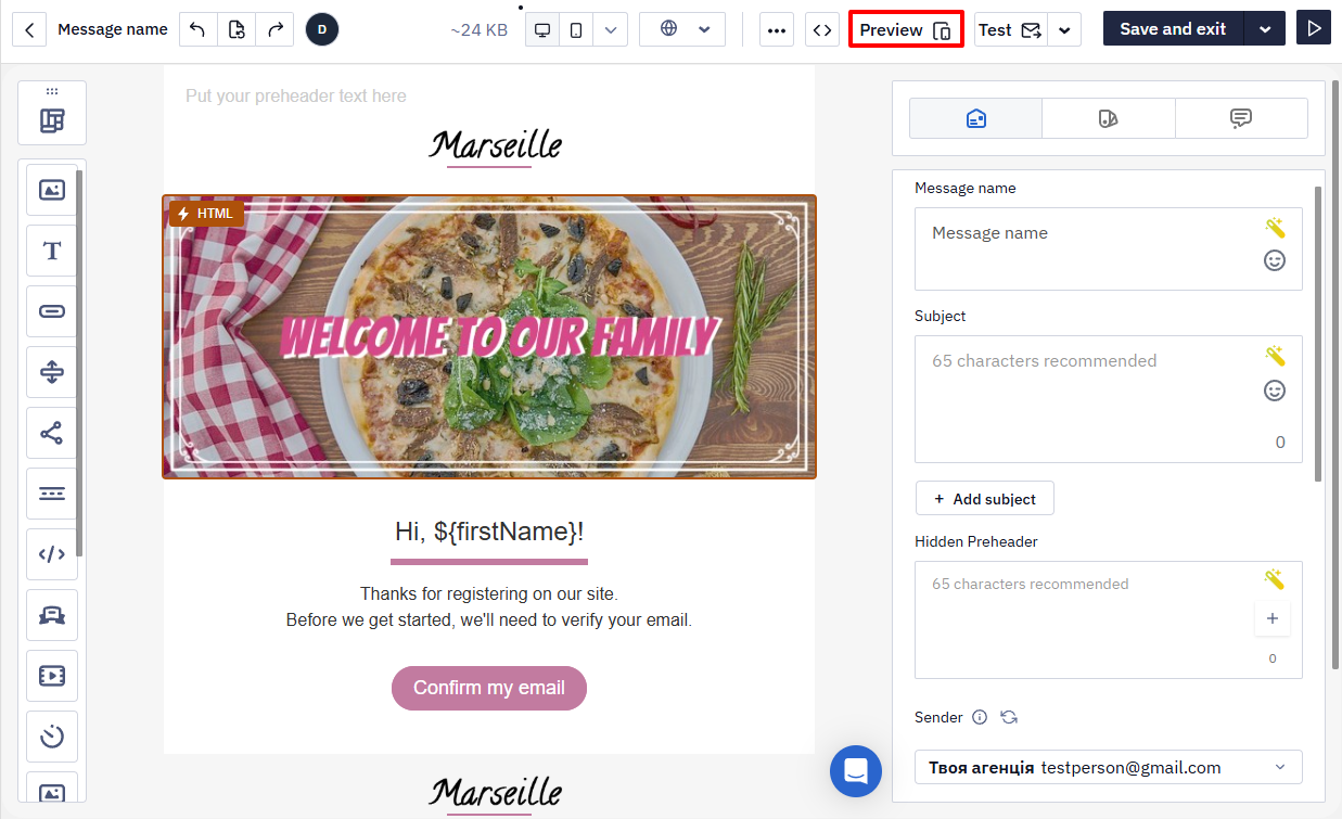 Email builder toolbar with the message preview icon highlighted, editing a New Delivery Service campaign for a Tasty Food brand