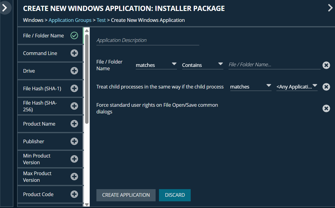 Application definitions to configure for an application