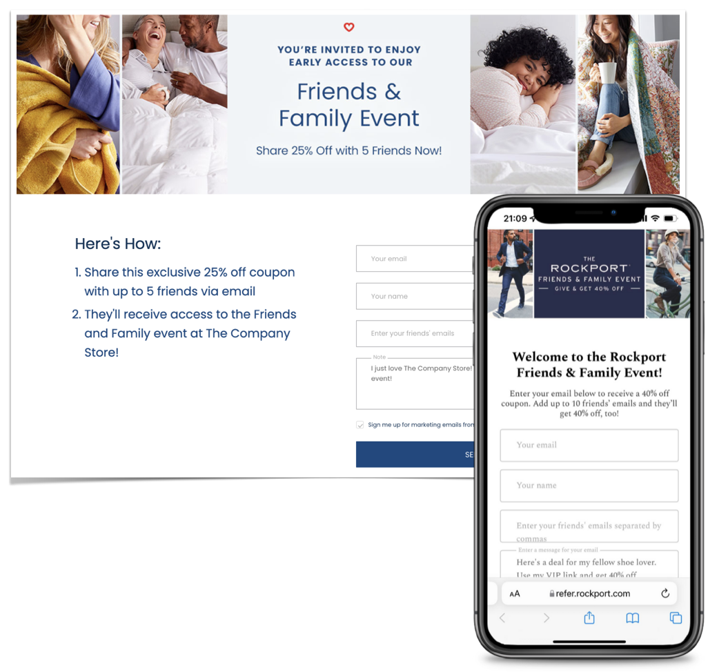 A mobile and desktop view of a Friends and Family program signup page from the brand Rockport