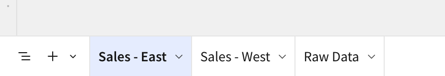 The workbook page tabs show three options: Sales - East, Sales - West, and Raw Data.