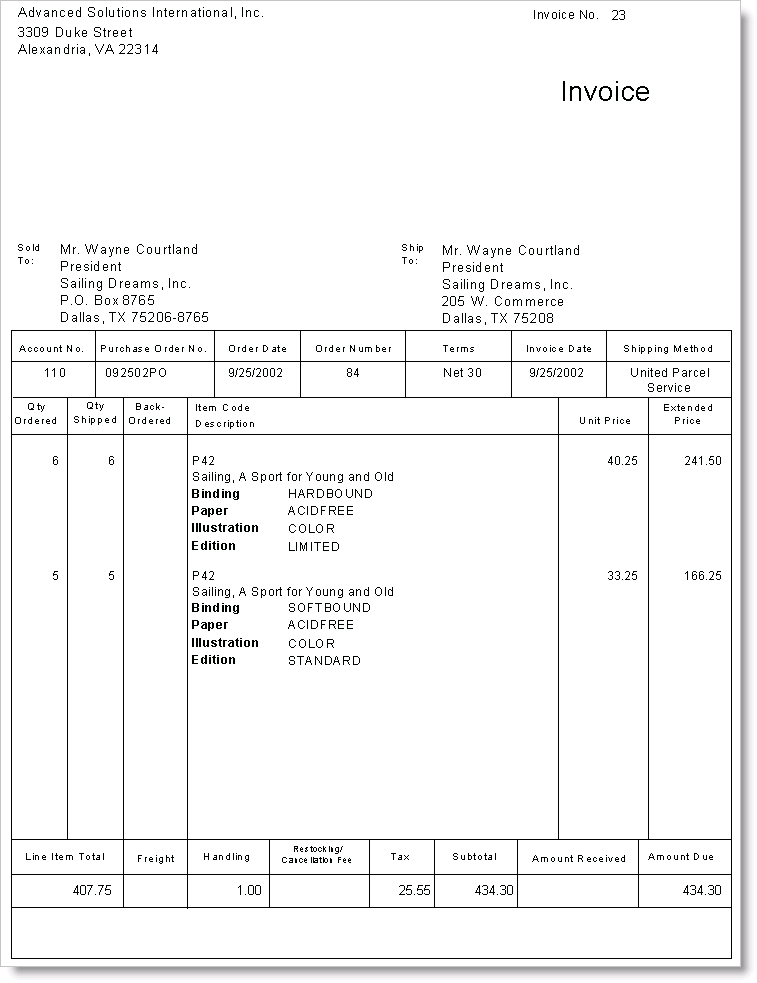 Example of an order Invoice; note the user defined fields Example of an order Invoice; note the user defined fields