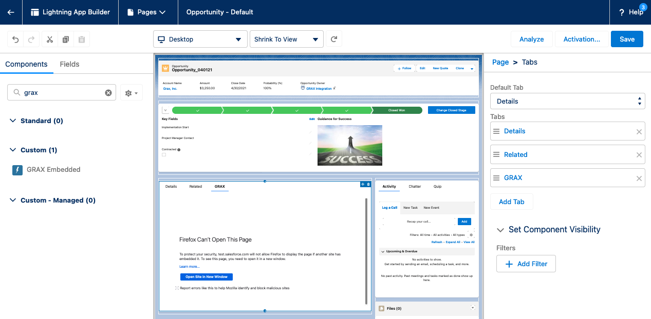 Salesforce Opportunity Lightning page layout showing the new section with the GRAX Embedded LWC