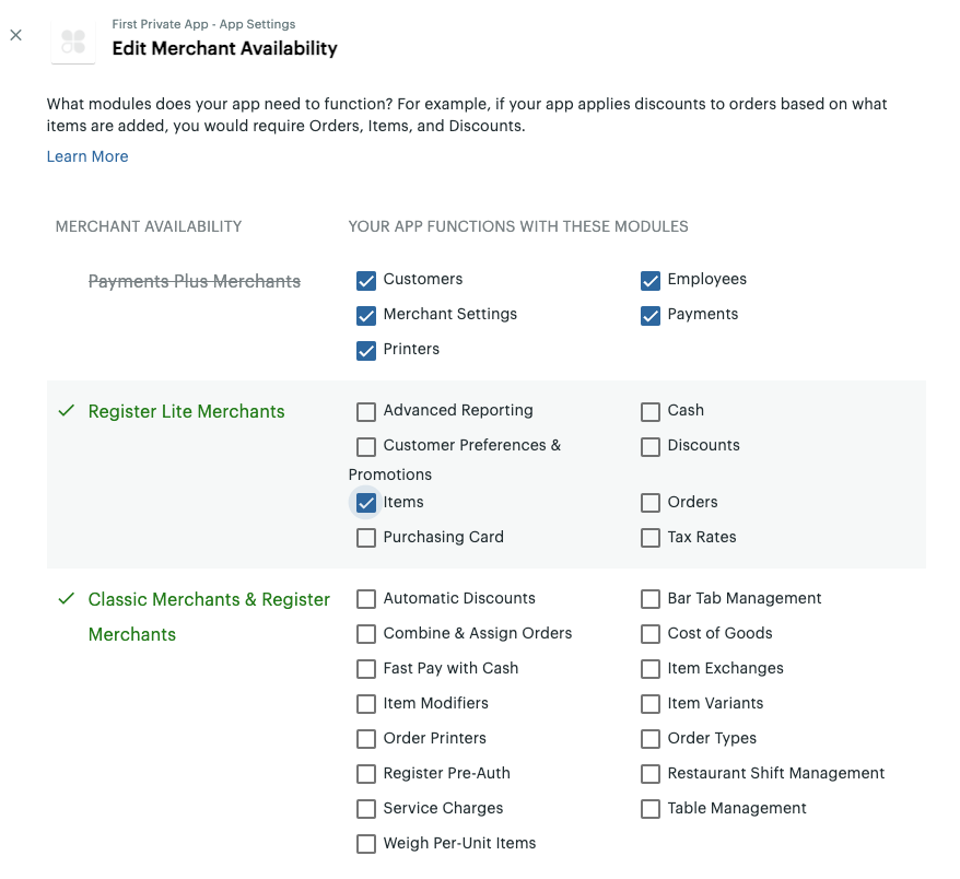 Example of merchant service plan with Register Lite - Item variant