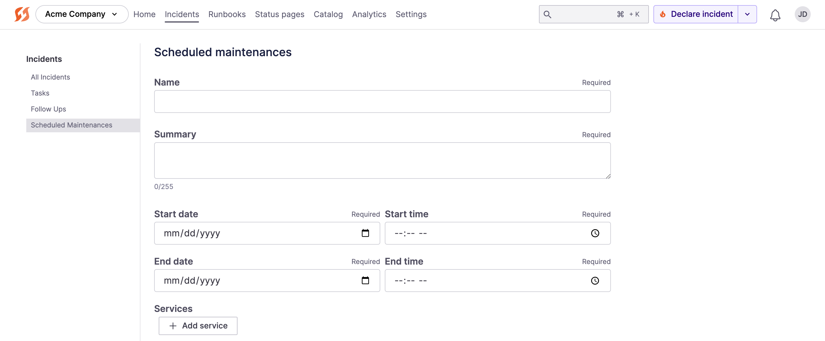 Scheduled Maintenance form in the web UI