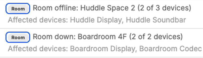 Room incidents in the incidents table