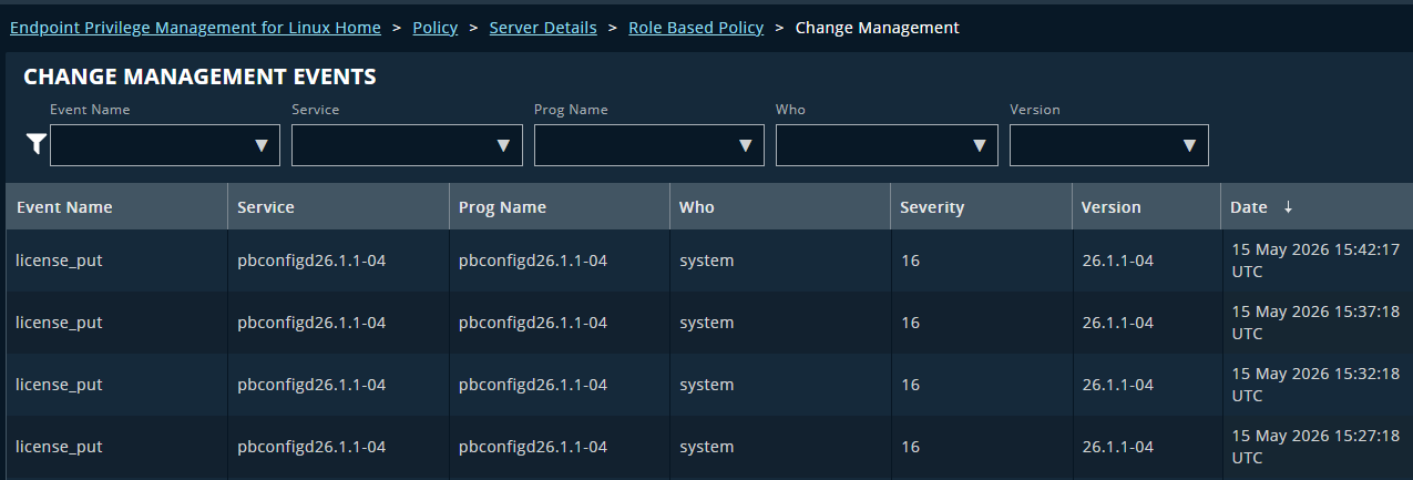 Change Management events table in EPM for Linux showing four license_put events from pbconfigd, 