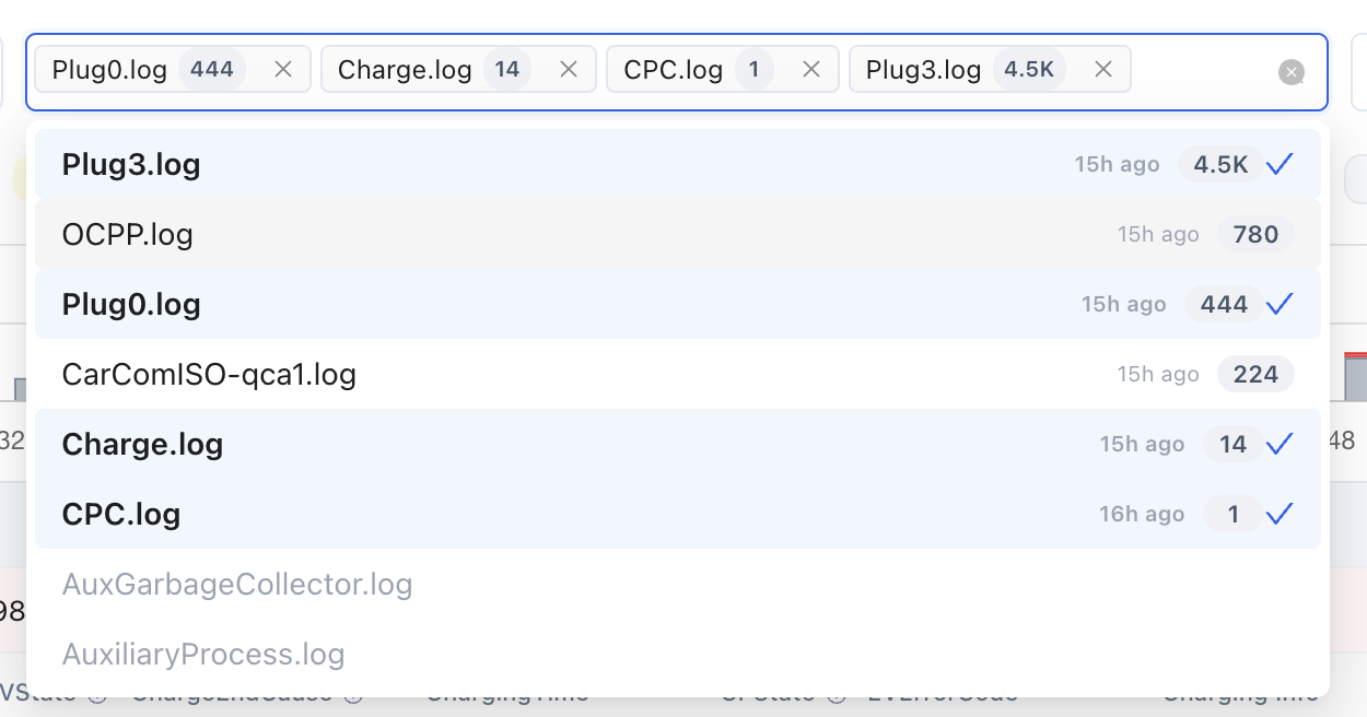 Search across all supported charger logs with live match count and data recency