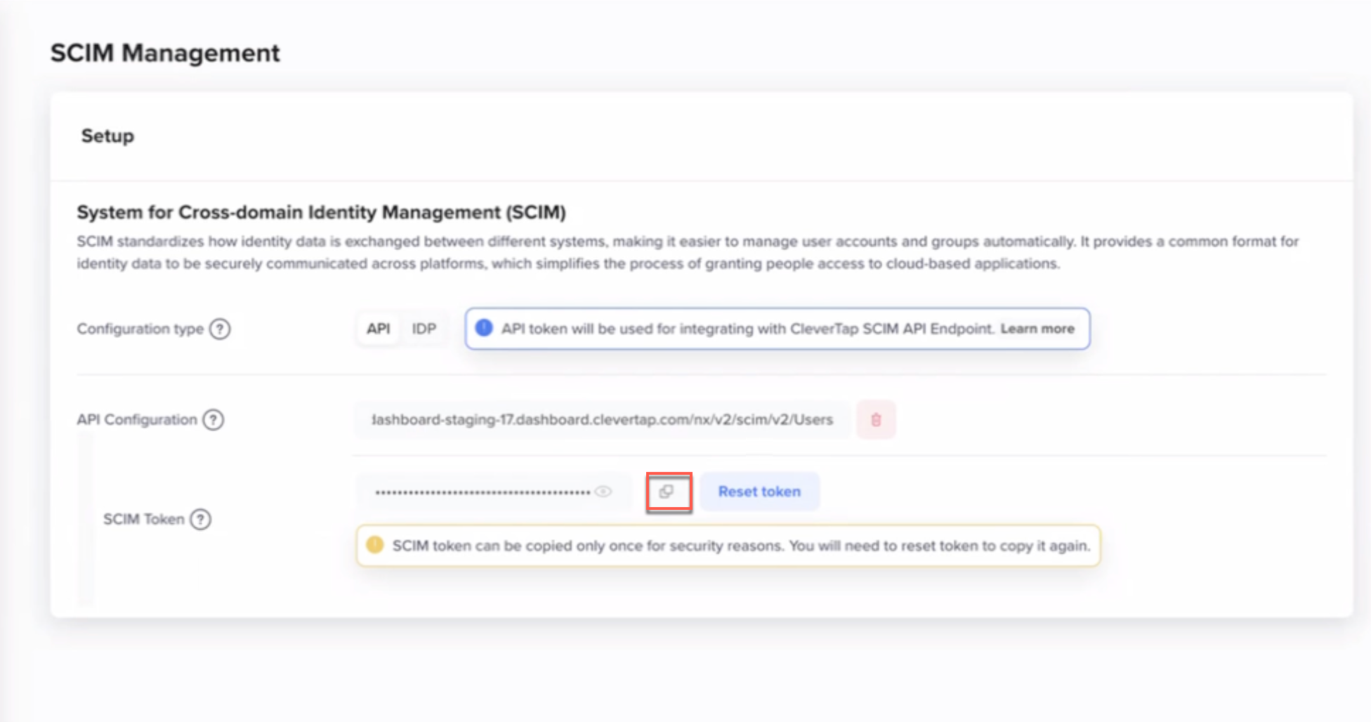 Generated SCIM Token and API Endpoint