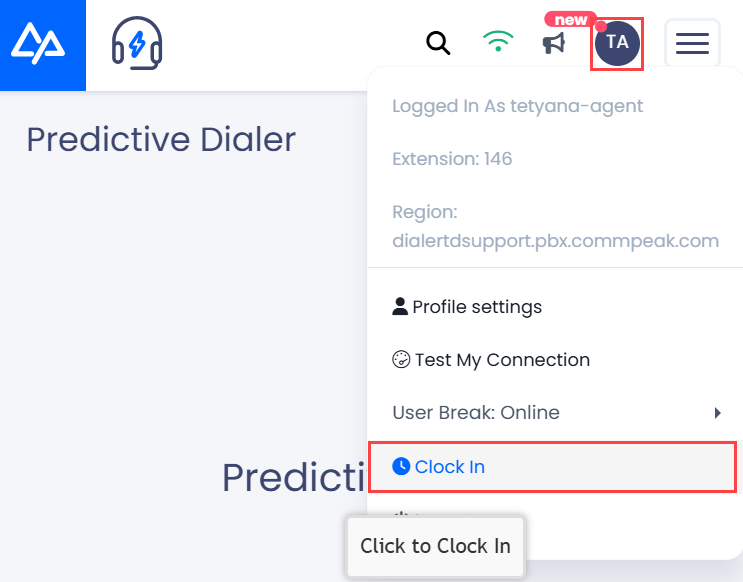 Screenshot with selecting the Clock In option