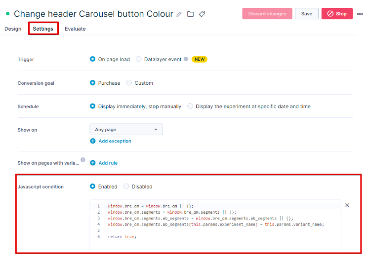 Experiment Settings tab showing the JavaScript condition field enabled