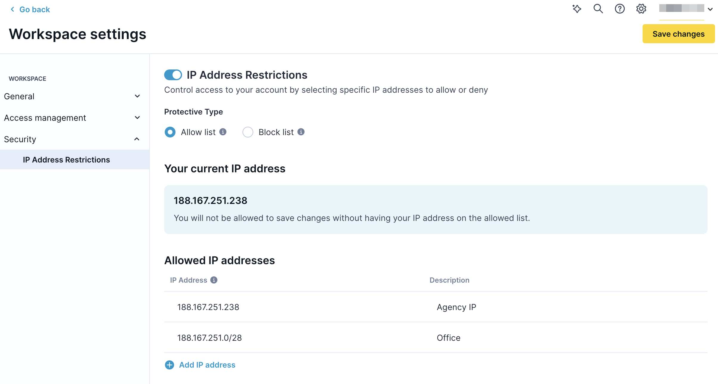 List of allowed IP addresses with descriptions in security settings