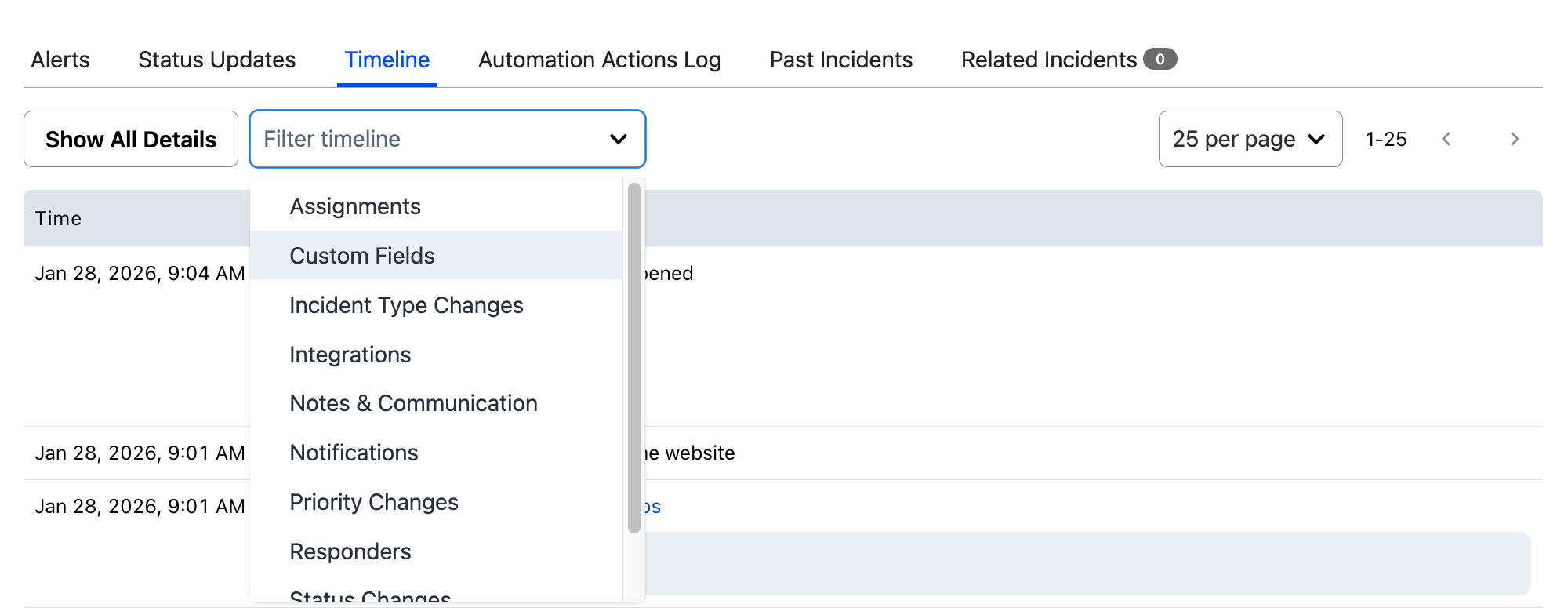 Incident timeline filter