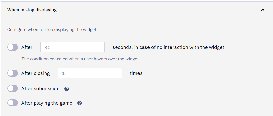 When to stop displaying panel with the rules After a number of seconds, After closing, After submission, and After playing the game