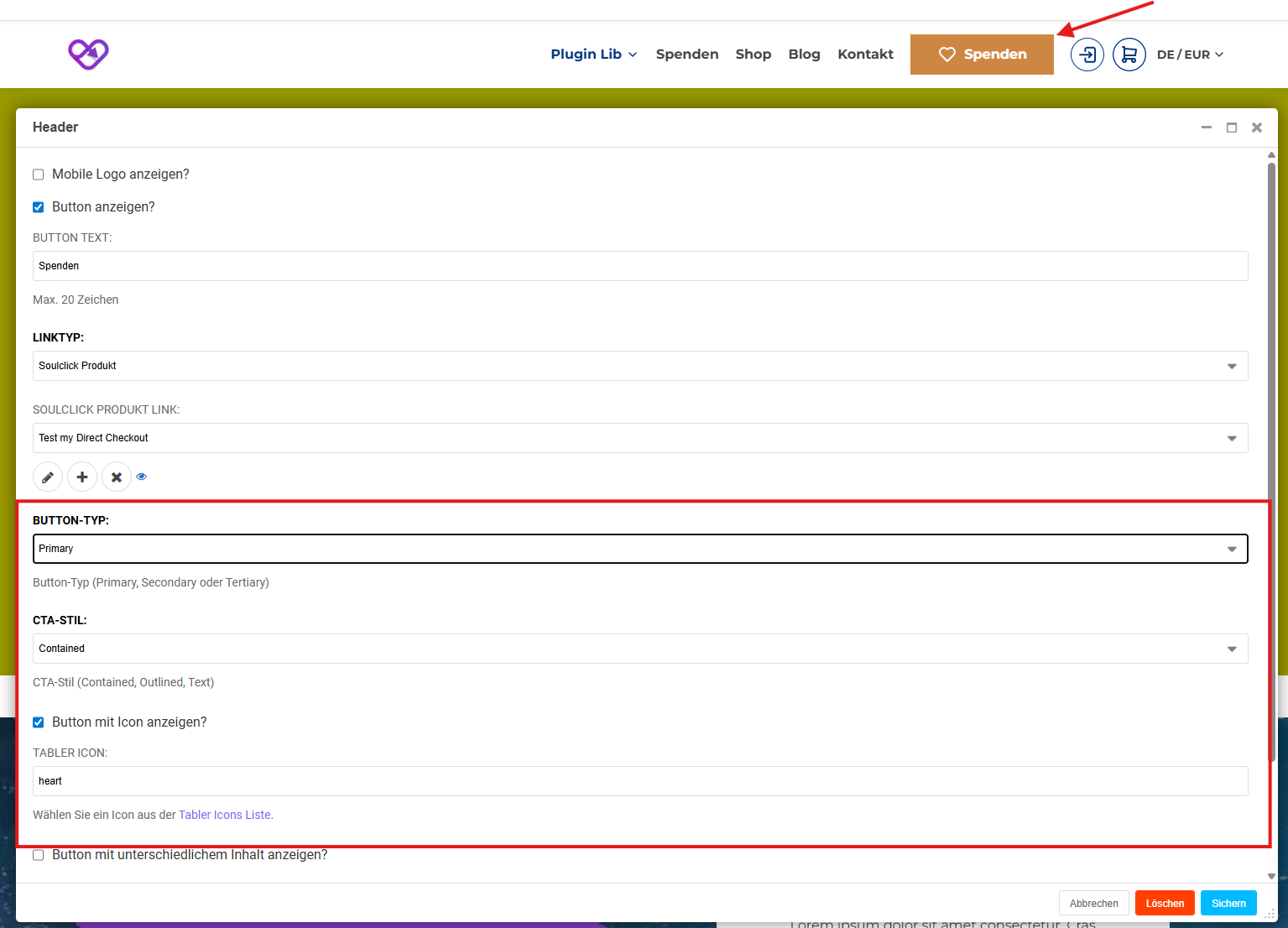 Header Button Auswahl